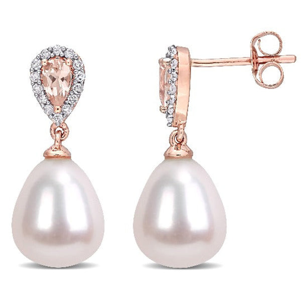 Boucles d'oreilles avec perle d'eau douce et morganite entourée de diamants.